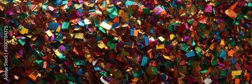 Shimmering bits of glitter in various colors are scattered across a surface, catching the light in a festive manner