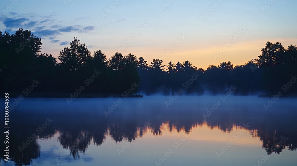 A tranquil lake at sunrise with a soft mist rising from the water. Silhouettes of trees are reflected in the still water. A tranquil lake at sunrise with a soft mist rising from the water. Silhouettes of trees are reflected in the still water.