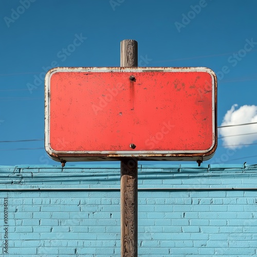 blank red sign on blue brick wall with blue sky and clouds background photo