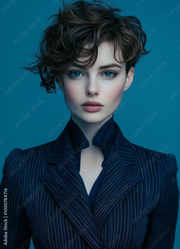 A confident young woman showcases a stylish pinstriped suit with a striking blue background, emphasizing her intense expression A confident young woman showcases a stylish pinstriped suit with a striking blue background, emphasizing her intense expression