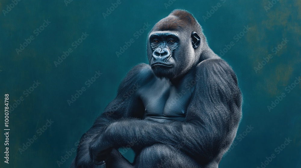 Obraz premium A close-up of a gorilla with a serious expression against a blue background.