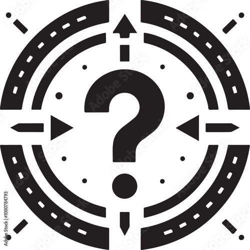 Icon, question mark, arrows pointing outward, black and white, minimalist design, geometric shapes, decision-making symbol, multiple choice concept, directional arrows, circular center, symmetrical.