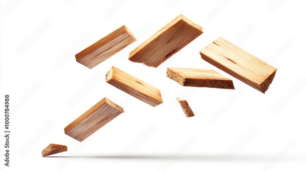 Floating wooden pieces isolated on white Generative AI Floating wooden pieces isolated on white Generative AI