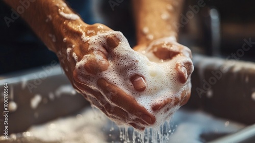 A person is washing their hands in a sink with soap