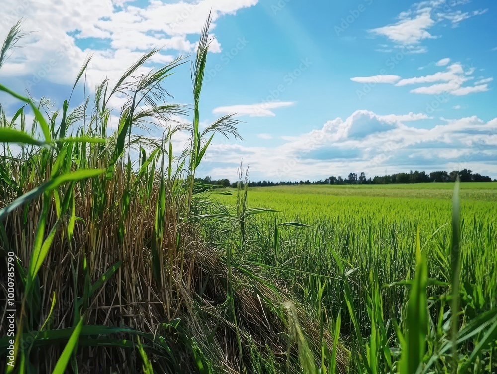 Fototapeta premium A vibrant landscape of lush green rice fields under a bright blue sky, with fluffy white clouds scattered across the horizon.