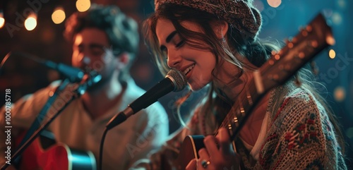 Obraz na płótnie Acoustic Duo Performing Live at a Cozy Venue w salonie