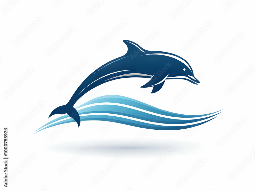 Fototapeta premium Silhouette of a dolphin jumping through waves as a minimalistic logo, white background