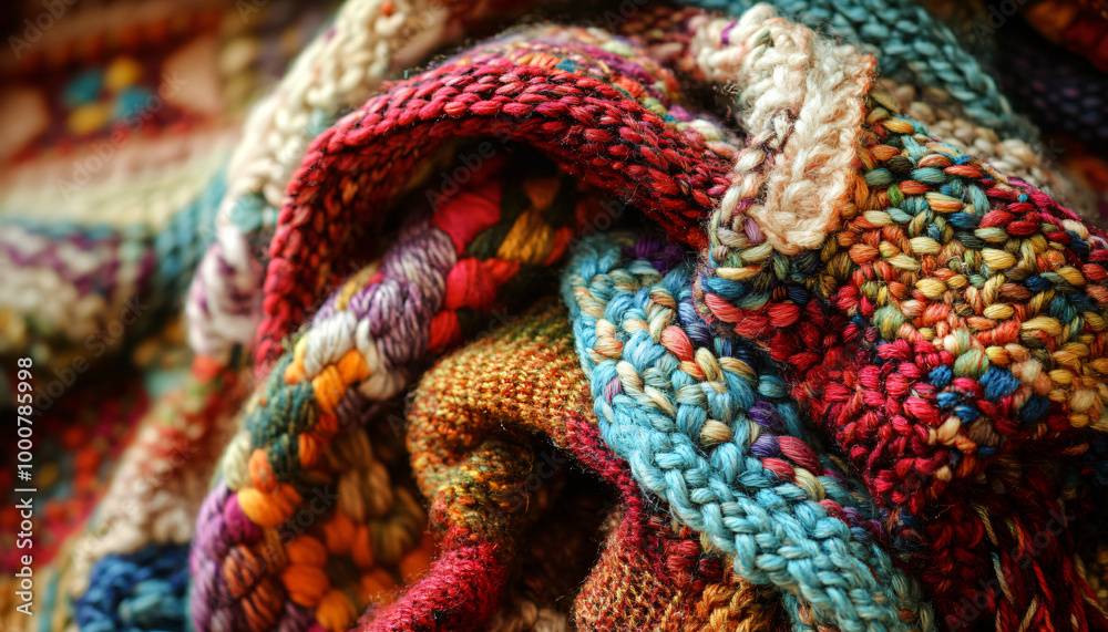 Zoomed-in textures of fabrics like knit wool, woven patterns, or intricate embroidery, creating a cozy, tactile feel Zoomed-in textures of fabrics like knit wool, woven patterns, or intricate embroidery, creating a cozy, tactile feel