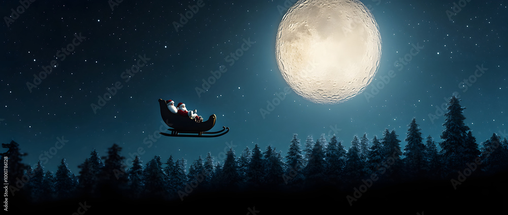 Santa Claus flying in his sleigh over the moon Santa Claus flying in his sleigh over the moon