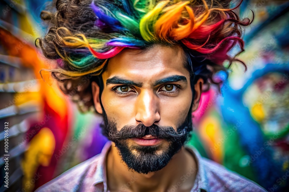 Artistic portrait of a man with an expressive gaze and unique hairstyle against a neutral background Artistic portrait of a man with an expressive gaze and unique hairstyle against a neutral background