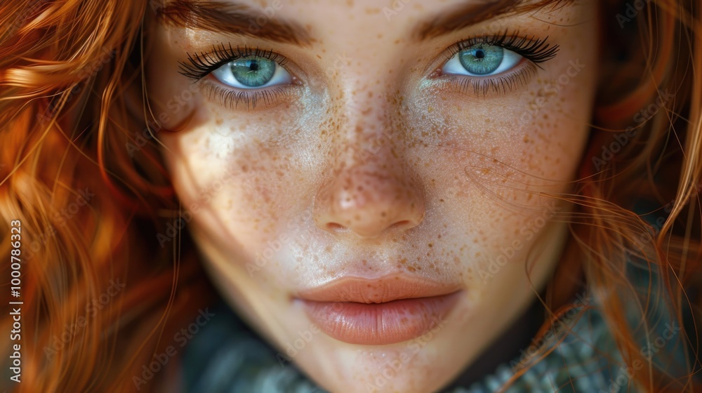 Stunning Portrait of a Red-Haired Woman with Vivid Blue Eyes and Freckles