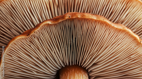 Close up of a brown mushroom showing the mushrooms gills.