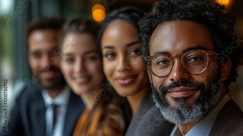 A group of people are smiling for a photo, including a man with glasses