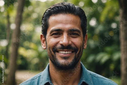Close portrait of a smiling 40s Costa Rican man looking at the camera, Costa Rican outdoors blurred background
