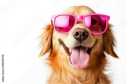 A golden retriever enjoys a playful moment, sporting bright pink sunglasses and showcasing its joyful personality