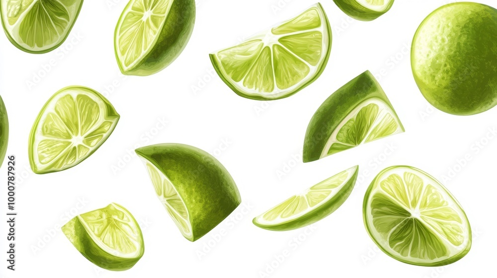 Fresh Lime Slices Floating on White Background Generative AI Fresh Lime Slices Floating on White Background Generative AI