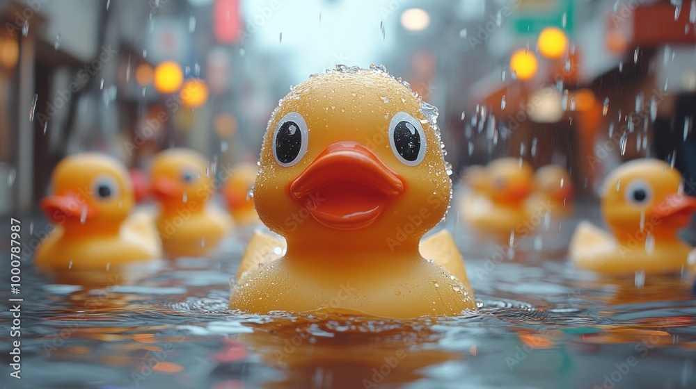Cute rubber ducks floating in a rainy urban setting. Cute rubber ducks floating in a rainy urban setting.