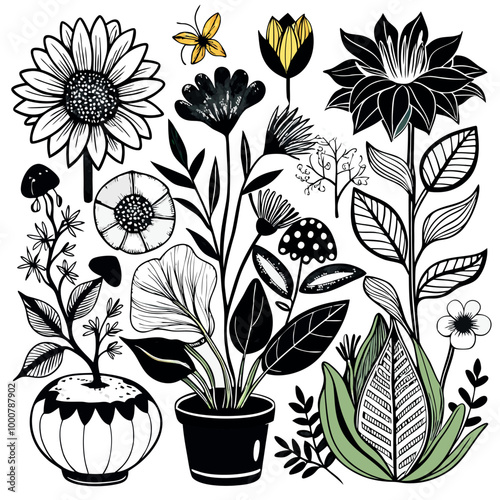 A seamless floral pattern with flowers, leaves, and vintage decorative elements