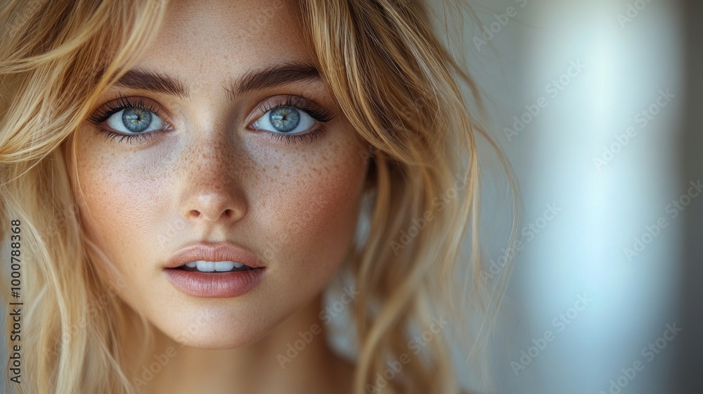 A woman with blonde hair and blue eyes is smiling at the camera A woman with blonde hair and blue eyes is smiling at the camera