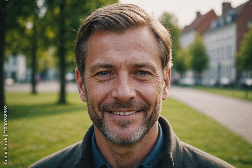 Close portrait of a smiling 40s Danish man looking at the camera, Danish outdoors blurred background Close portrait of a smiling 40s Danish man looking at the camera, Danish outdoors blurred background