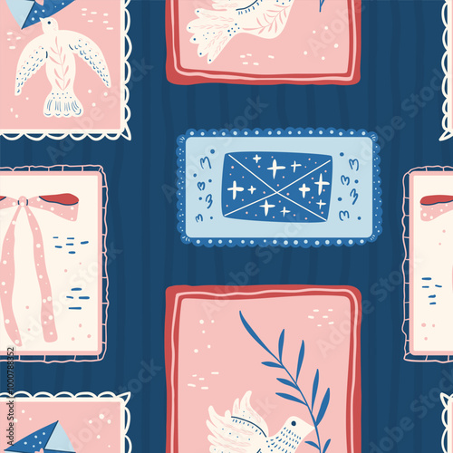 Retro mailing service seamless pattern. Carrier pigeon, bow and envelope in frames on dark stripes endless background. Surface pattern design homing pigeons motif. Vector flat hand drawn illustration.