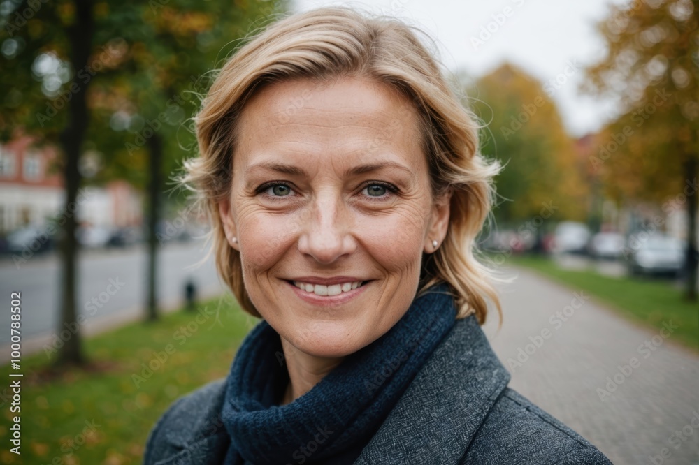 Close portrait of a smiling 40s Danish woman looking at the camera, Danish outdoors blurred background Close portrait of a smiling 40s Danish woman looking at the camera, Danish outdoors blurred background