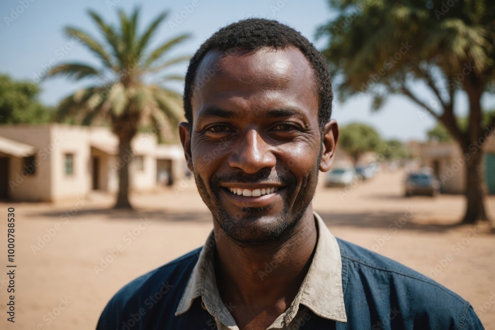 Close portrait of a smiling 40s Djiboutian man looking at the camera, Djiboutian outdoors blurred background Close portrait of a smiling 40s Djiboutian man looking at the camera, Djiboutian outdoors blurred background