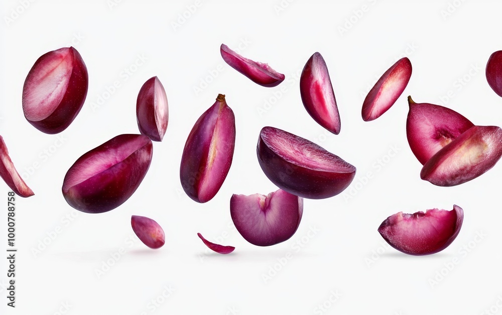 Red Plums Floating with Sliced Pieces Generative AI Red Plums Floating with Sliced Pieces Generative AI