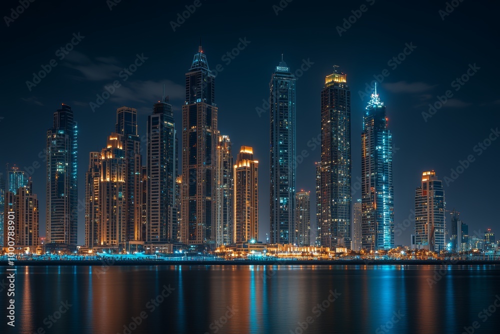 Obraz premium The skyline of Dubai glows with lights from towering skyscrapers reflecting on the water at night, creating a vibrant urban atmosphere