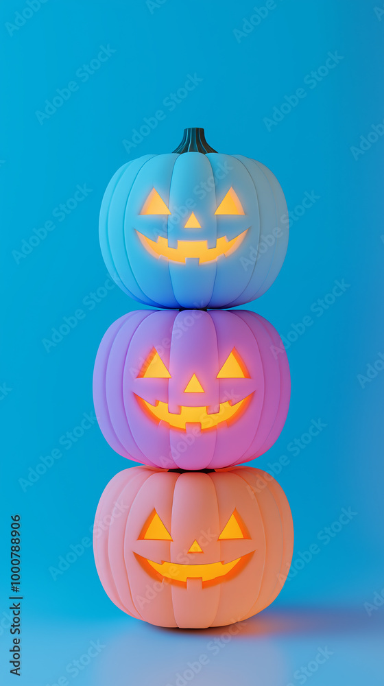 Glowing jack-o'-lanterns stacked in neon light. Glowing jack-o'-lanterns stacked in neon light.