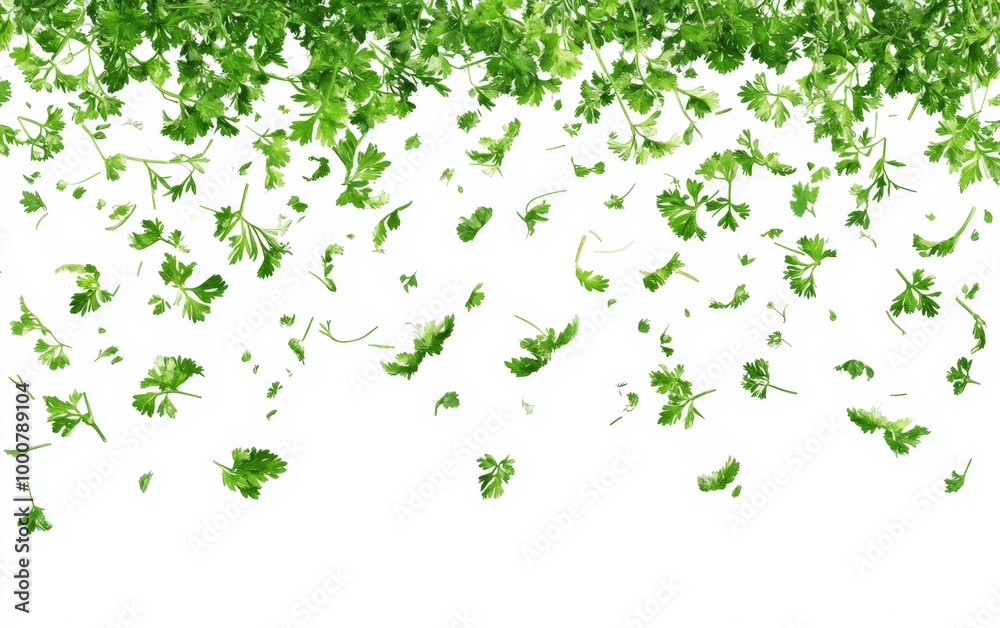 Floating Fresh Parsley Leaves on White Generative AI Floating Fresh Parsley Leaves on White Generative AI