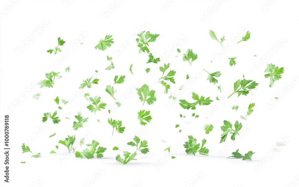 Flying parsley leaves isolated on white Generative AI Flying parsley leaves isolated on white Generative AI