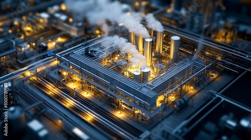 A 3D model of a geothermal energy plant, illustrating heat flow from the Earth into turbines, showcasing the energy conversion process.