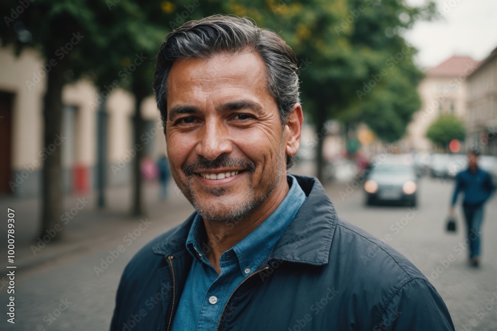 Close portrait of a smiling 40s Ecuadorean man looking at the camera, Ecuadorean outdoors blurred background Close portrait of a smiling 40s Ecuadorean man looking at the camera, Ecuadorean outdoors blurred background