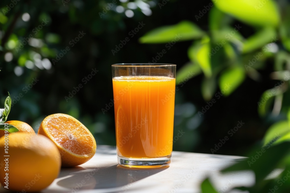A vibrant glass of fresh orange juice sits on a table alongside whole oranges, surrounded by lush green foliage. A vibrant glass of fresh orange juice sits on a table alongside whole oranges, surrounded by lush green foliage.
