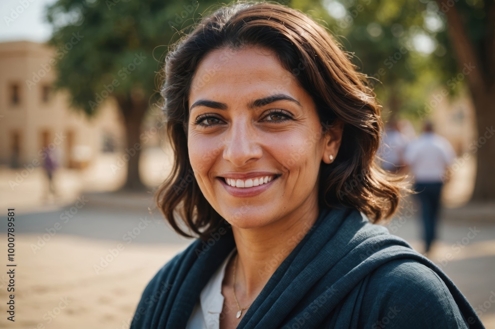 Close portrait of a smiling 40s Egyptian woman looking at the camera, Egyptian outdoors blurred background Close portrait of a smiling 40s Egyptian woman looking at the camera, Egyptian outdoors blurred background