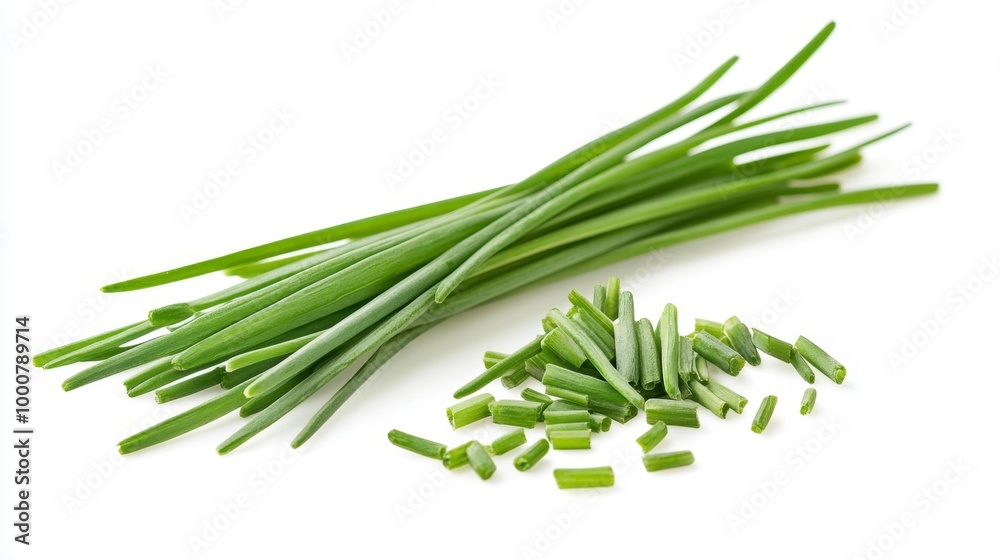 Fototapeta premium Fresh Chives on a White Background Generative AI