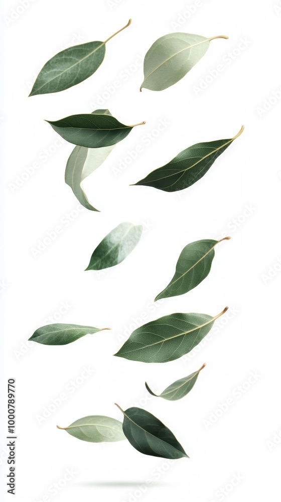Falling Green Leaves Isolated on White Background Generative AI