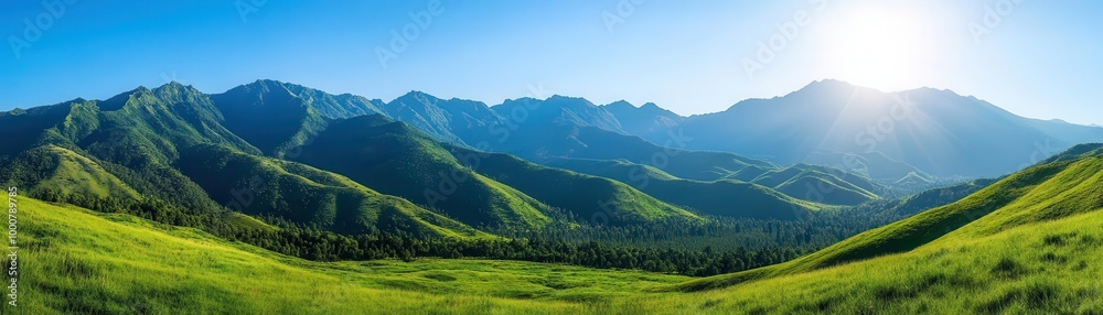 Wide panoramic view of a majestic mountain range with sharp peaks and lush valleys, clear blue sky above Crisp detail, natural light, serene and expansive landscape Wide panoramic view of a majestic mountain range with sharp peaks and lush valleys, clear blue sky above Crisp detail, natural light, serene and expansive landscape