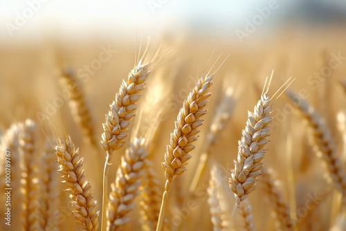 Golden wheat stalks in a field, ready for harvest.