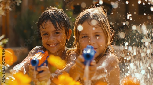 Joyful Children Playing with Water Guns in Summer Sunshine photo