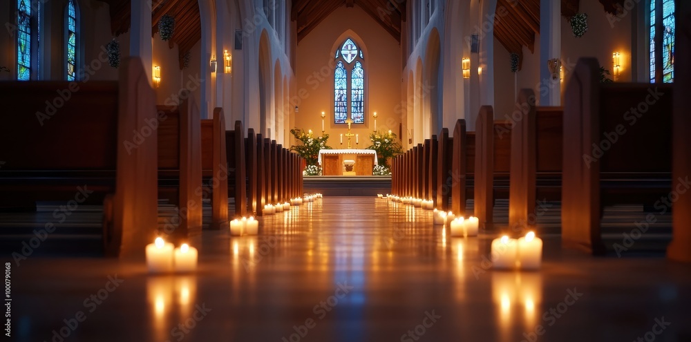 A serene interior of a church, illuminated by candles, leading to the altar, with beautiful stained glass windows reflecting soft light. A serene interior of a church, illuminated by candles, leading to the altar, with beautiful stained glass windows reflecting soft light.