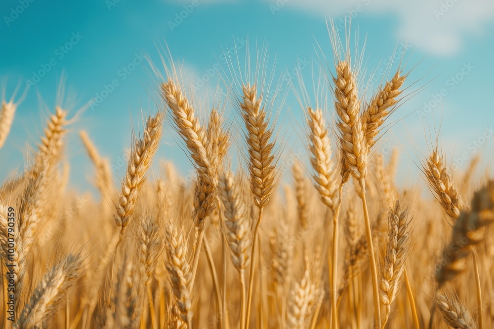 Golden wheat stalks against a bright blue sky. Golden wheat stalks against a bright blue sky.
