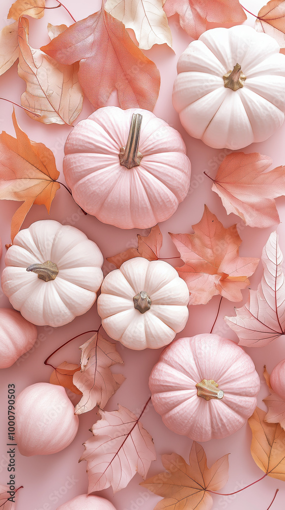 Pink pumpkins with autumn leaves flat lay. Pink pumpkins with autumn leaves flat lay.