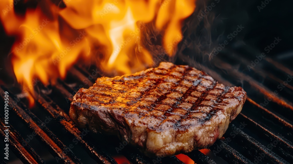 A juicy steak grilling over an open flame, showcasing grill marks and smoke, ideal for a delicious barbecue scene. A juicy steak grilling over an open flame, showcasing grill marks and smoke, ideal for a delicious barbecue scene.