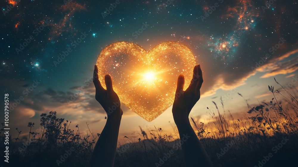 Fototapeta Silhouettes of Hands Encircling a Glowing Heart