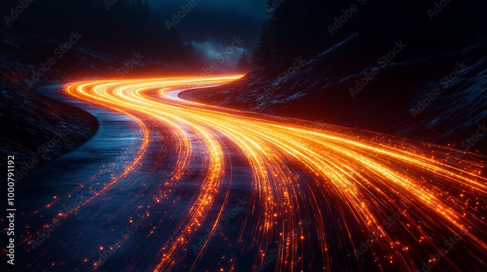 A long exposure shot of a winding road with car headlights streaking through the darkness, surrounded by tall trees and snow-covered mountains. A long exposure shot of a winding road with car headlights streaking through the darkness, surrounded by tall trees and snow-covered mountains.