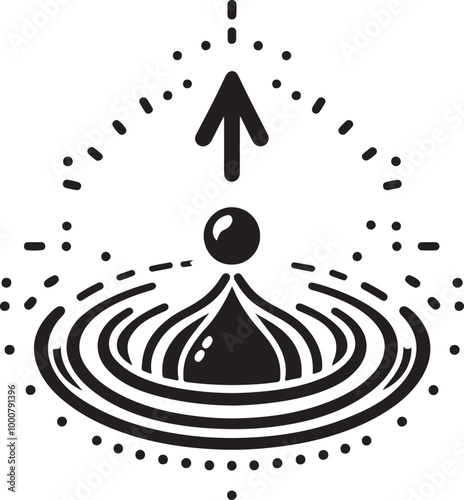 Water droplet, rebounding, bouncing, minimalist icon, simple line drawing, upward arrow, surface tension, physics concept, black and white illustration, vector graphic style, clean design.