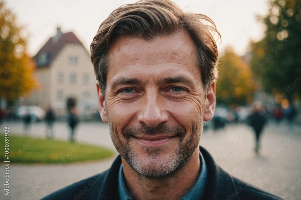 Close portrait of a smiling 40s German man looking at the camera, German outdoors blurred background Close portrait of a smiling 40s German man looking at the camera, German outdoors blurred background