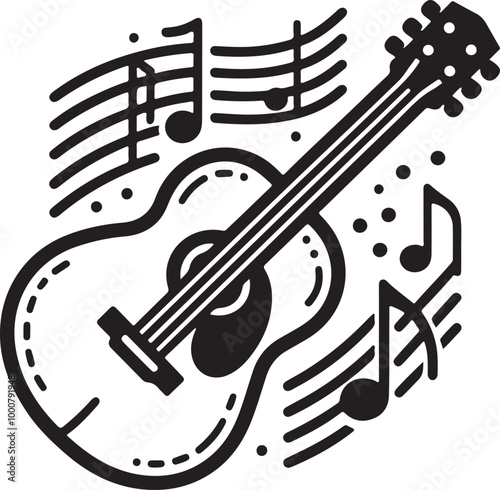 acoustic guitar, musical notes, black and white icon, simple line drawing, minimalist design, musical instrument illustration, vector graphic, music symbol, guitar outline, melodic representation.